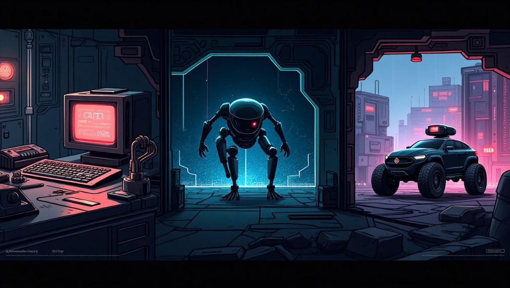 A dark, futuristic digital illustration visualizing the evolution of autonomous systems—from rigid deterministic machines of the 1960s to the rise of machine learning in the 2000s, culminating in present-day Agentic AI with self-navigating robots and emergent behavior. The scene flows like a tale, featuring cyberpunk elements, neon highlights, and a sleek, data-driven atmosphere.