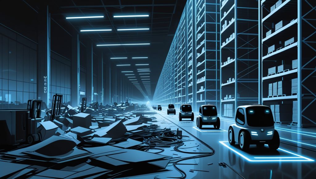 A futuristic warehouse scene showing the shift from outdated manual systems to AI-powered Autonomous Mobile Robots optimizing logistics