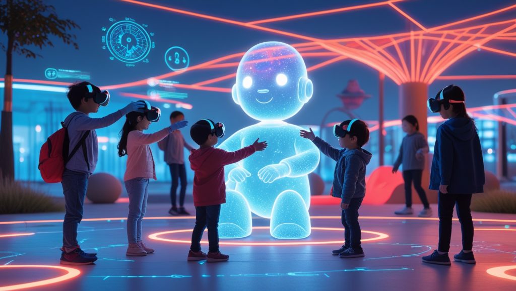 A futuristic playground where children using VR headsets and haptic gloves interact with AI companions like Tong Tong. A glowing digital figure holds hands with a child, symbolizing the hybrid future of childhood. Holographic data streams hint at regulations, while families navigate the balance between human warmth and technology