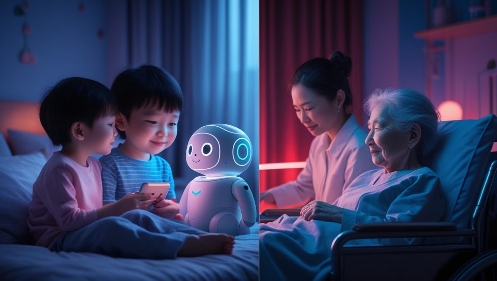 In a dim, neon-lit future where technology softly glows against a backdrop of muted blues and gentle reds, a quiet story unfolds. In a small, warmly lit apartment in Hangzhou, a lonely child shares a tender moment with Xiao Bao, a digital sibling whose gentle, empathetic eyes light up the room. Xiao Bao mimics family routines with precise care, reminding the child to call loved ones and filling a silent void.