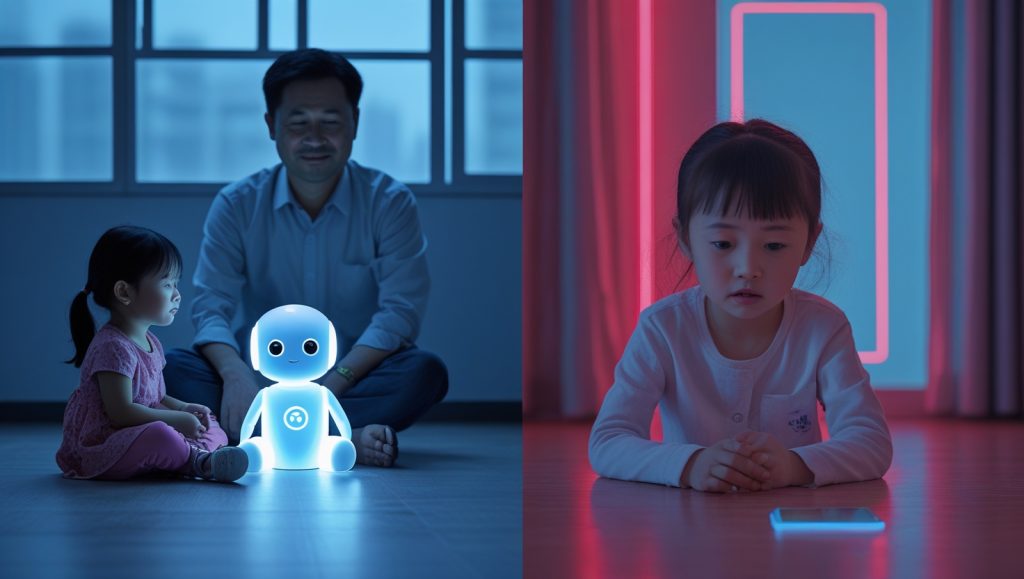In a softly neon-lit Beijing kindergarten, a little girl sits quietly with her digital companion, Tong Tong, whose gentle, glowing presence soothes her tears. In a corner of the room, her single father, Chen Jun, smiles as he watches his daughter embrace empathy—no longer lashing out, but learning to breathe through anger with guidance from her AI friend.
In a starkly different scene, within a modern apartment washed in the same muted neon blues and reds, a tech executive, Li Yuhan, frowns in worry. Her young son’s innocent question, “Why can’t you play like Tong Tong?” reverberates in the room, echoing a deep-seated fear of parental outsourcing. The conflicting emotions of hope and doubt blend into a poignant narrative that questions if technology can ever replace the messy, imperfect love of human connection.