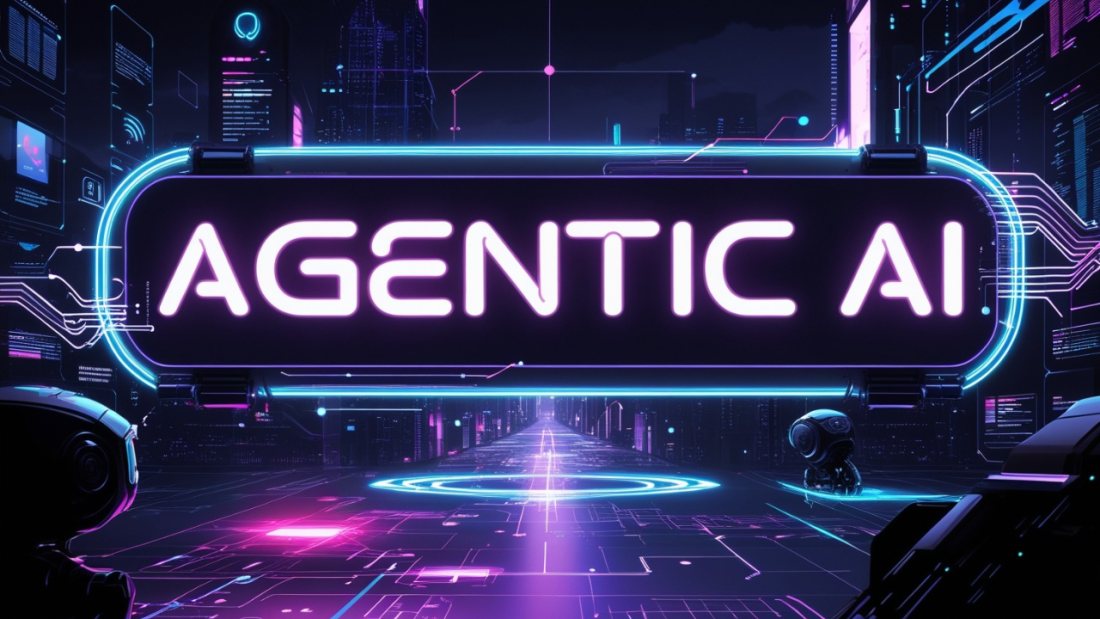 Futuristic digital illustration of "Agentic AI" glowing in neon, surrounded by holographic data, robotics, and autonomous systems in a cyberpunk cityscape.