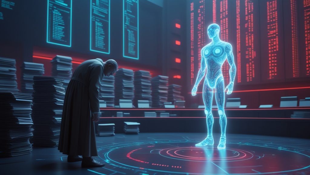 a weary human judge struggles amidst towering stacks of case files