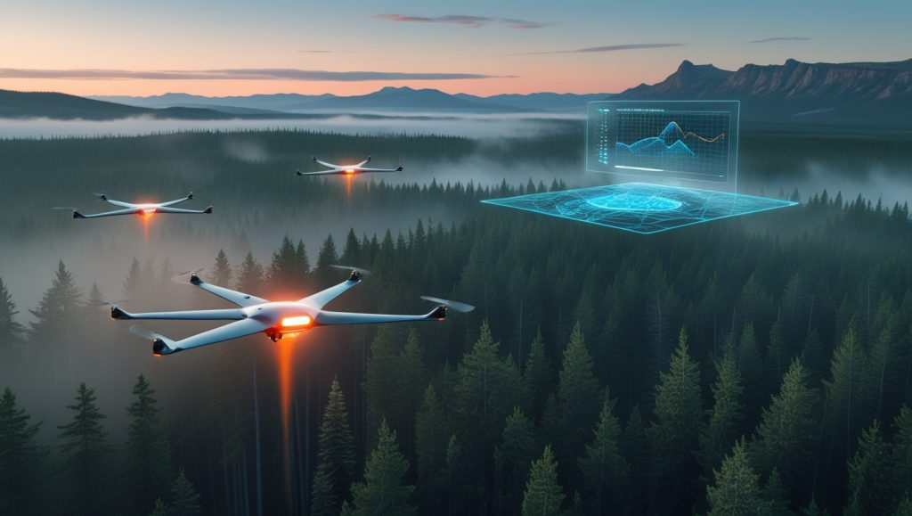 Autonomous hydrogen-powered wildfire drones scanning Canada’s boreal forests with infrared sensors and real-time AI mapping, detecting early fire ignitions in remote terrain