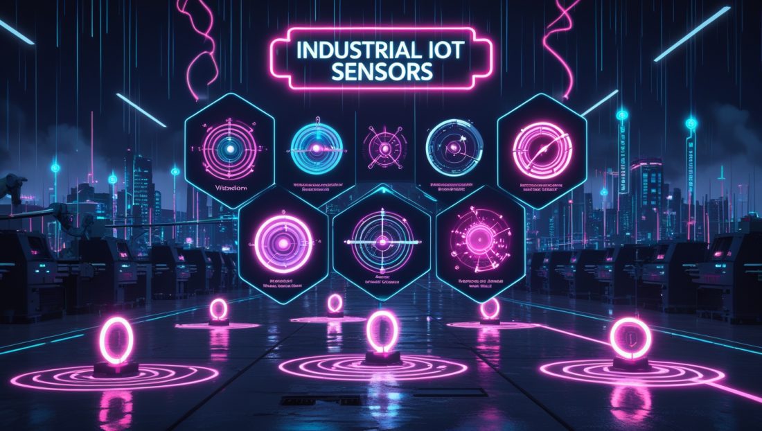 Illustration of Industrial IoT sensors in a neon cyberpunk factory, featuring vibration, energy, and environmental sensors connected by edge AI and 5G, symbolizing smart manufacturing in 2025.