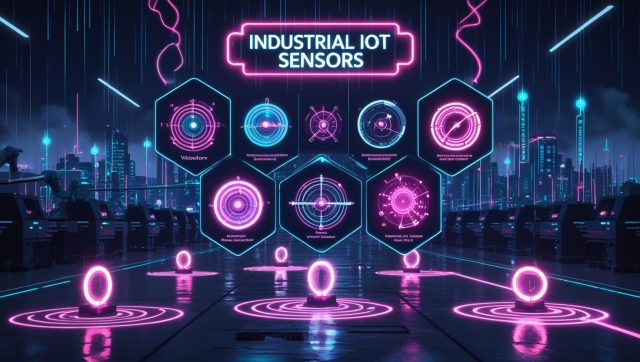 Illustration of Industrial IoT sensors in a neon cyberpunk factory, featuring vibration, energy, and environmental sensors connected by edge AI and 5G, symbolizing smart manufacturing in 2025.