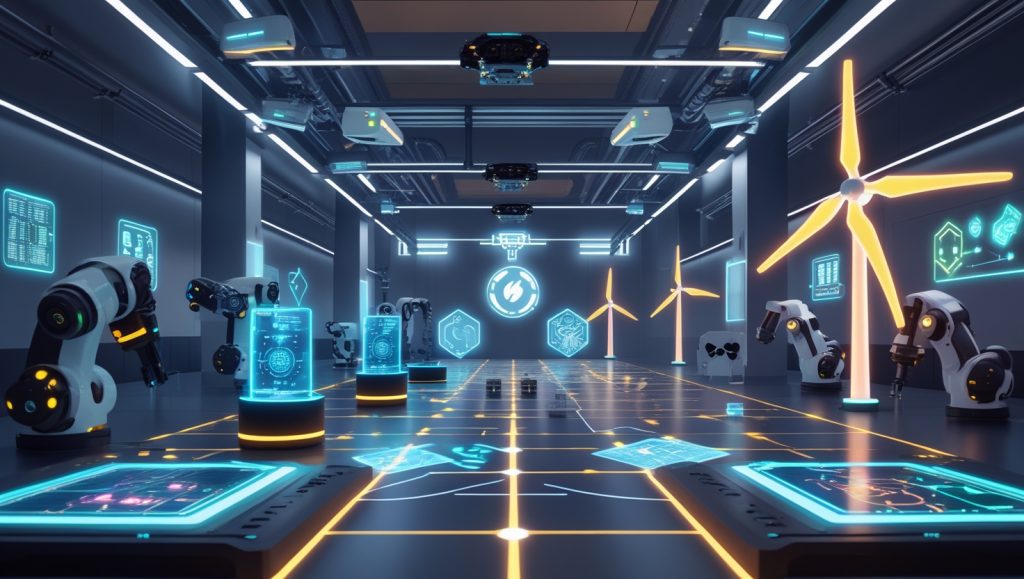 Futuristic smart factory showcasing Industrial IoT sensors including robotic arms with vibration monitoring, AI defect detection cameras, environmental sensors, energy meters, asset trackers, digital twin displays, and tactile cobots working alongside humans.