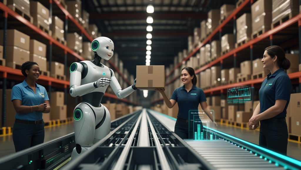 Humanoid robot sorting packages alongside workers in a futuristic Chicago warehouse, showcasing AI-powered logistics and workforce collaboration with Nvidia Isaac technology
