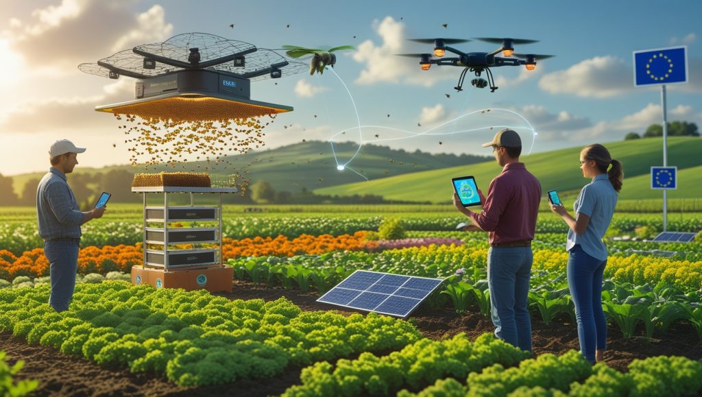 Regenerative farm with diverse crops, drones monitoring pollinators, solar-powered sensors, and farmers using tablets and apps to log bee sightings—symbolizing the convergence of technology and ecology.
