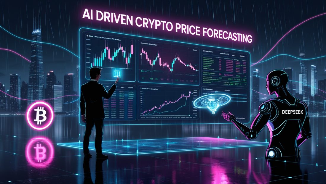 Futuristic illustration of AI driven crypto price forecasting with holographic dashboards, Bitcoin analysis, real-time trading data, and artificial intelligence tools used to predict cryptocurrency trends in 2025.
