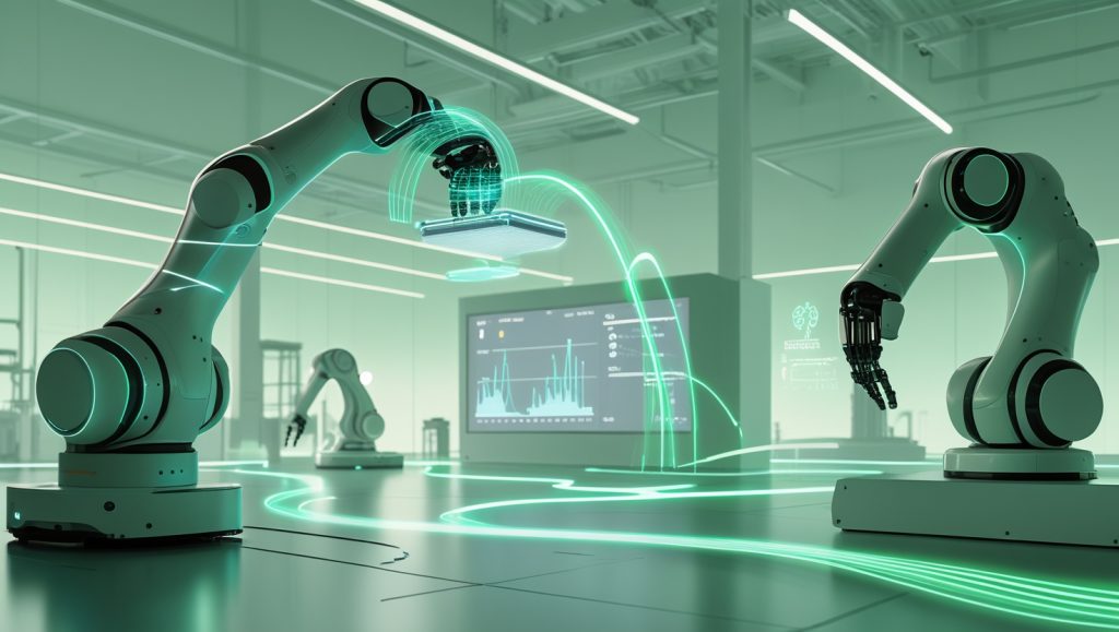 AI-powered robots on a futuristic factory floor using real-time data and digital twins to optimize energy use, with holographic dashboards and adaptive sensors showcasing sustainable automation.