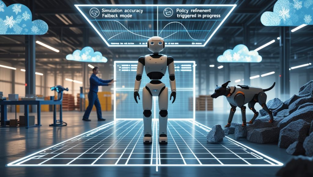 Advanced robot in hybrid testing environment blending real-world warehouse and simulation grid, with snowstorm conditions, human-guided refinement, and cloud-based AI simulation overlays for resilient autonomous systems.