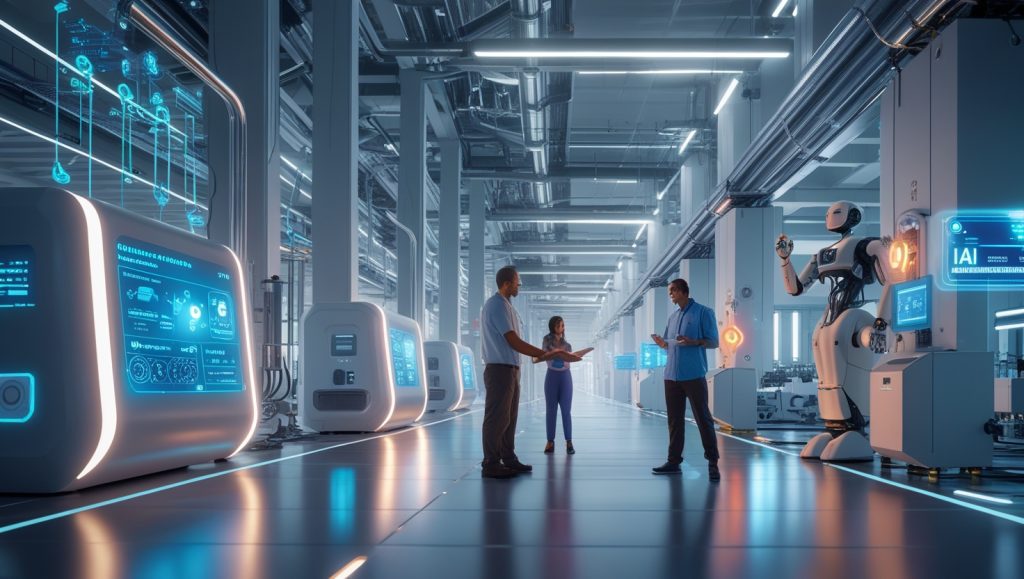 Futuristic sustainable factory with AI-powered machines, real-time carbon tracking, and human-robot collaboration, showcasing server heat reuse, sensor-based optimization, and evolving industrial workforce roles