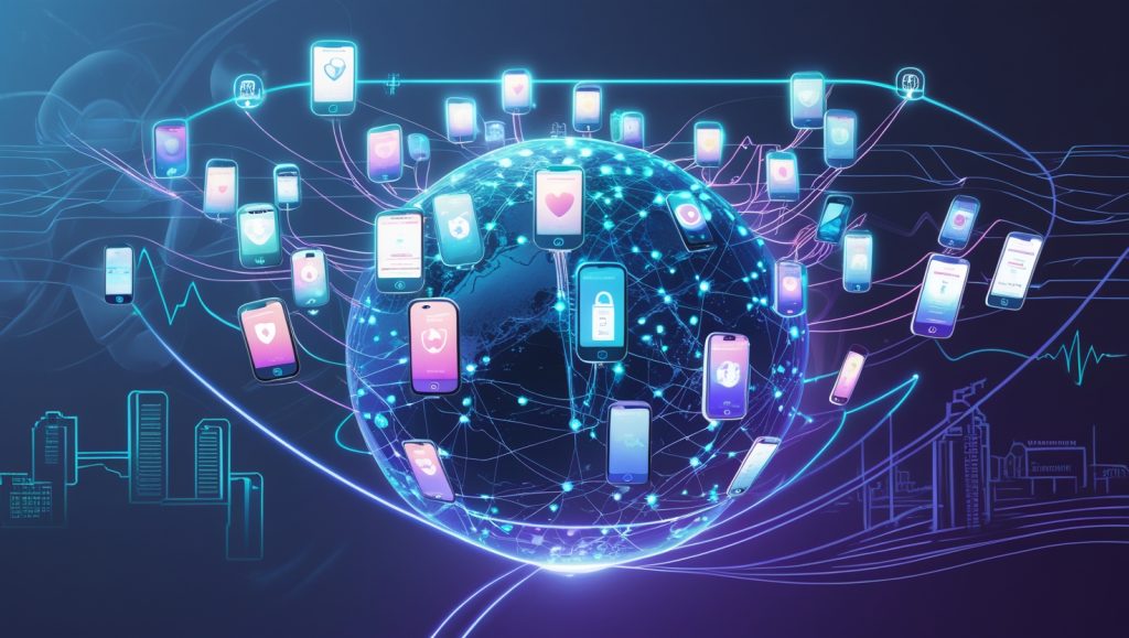 Futuristic illustration of a global network of smartphones participating in federated learning, with secure data streams connecting to a central AI model. Symbols representing privacy, hospitals, and voice recognition highlight healthcare and voice assistant applications, conveying collaborative AI without sharing raw data.