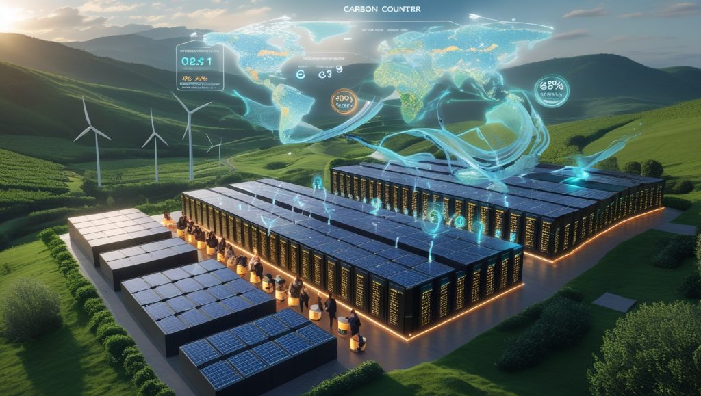 Futuristic AI data center powered by solar and wind energy, with glowing servers, real-time carbon tracking, and holograms showing renewable energy use; people collaborate on ethical and sustainable AI practices in a lush green setting.