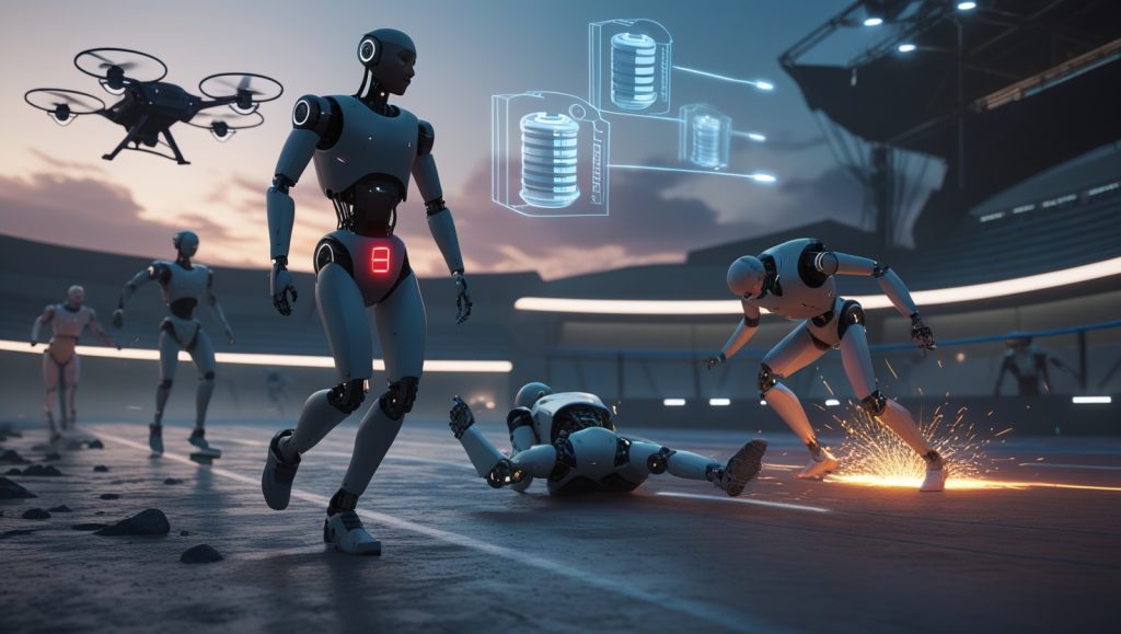 Humanoid robots in a futuristic arena struggling with battery life and balance during a marathon and combat trials, highlighting energy efficiency and mobility challenges in advanced robotics
