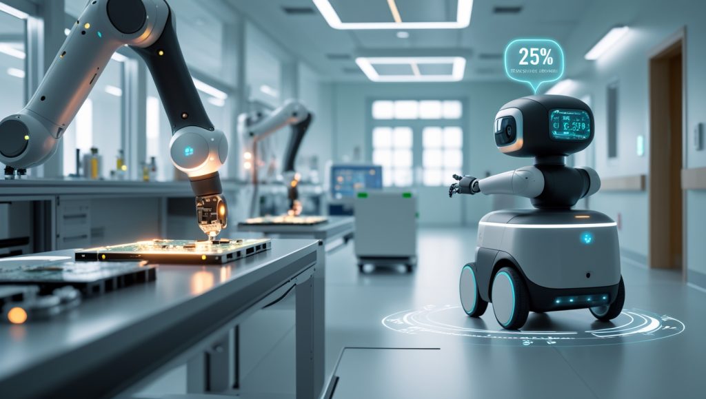 Futuristic cobots operating in a hybrid factory and hospital setting—one robotic arm precisely assembles circuit boards using torque-sensitive actuators, while a mobile cobot transports lab samples in a clinical corridor. Digital overlays highlight energy efficiency metrics, showcasing low-power automation in healthcare and electronics.
