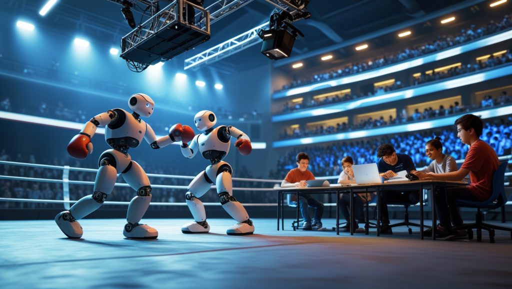 Humanoid robots in a boxing match during a public demonstration, with spectators watching and students coding robotics algorithms in a classroom, symbolizing cultural acceptance and STEM education in AI robotics.