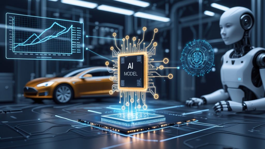 AI-driven model optimization in 2025 showing compact neural network chip, edge computing in autonomous vehicles, and humanoid robots in precision manufacturing for cost-effective, high-performance AI applications
