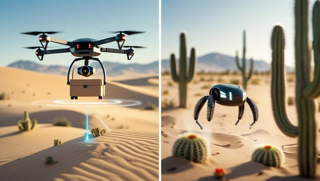 A drone hovers above a desert delivering a package, while a small spring-powered jumping robot hops between cacti without disturbing the environment—highlighting the contrast between aerial and ground-based energy-efficient robotics