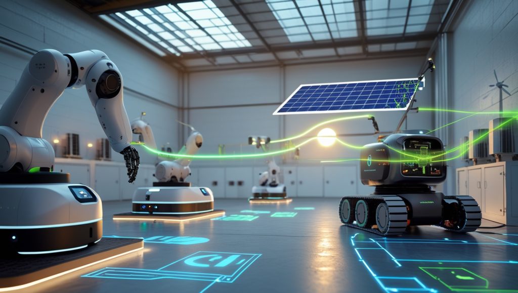 Futuristic warehouse with energy-efficient robots in sleep mode, including solar-powered autonomous mobile robots and FANUC-style arms reactivating via occupancy sensors, showcasing dynamic power management and sustainable robotics innovations