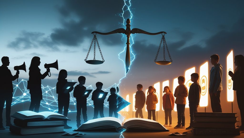 A split-scene depicting the tension between free speech and protection. On one side, abstract silhouettes of people with megaphones and digital tablets stand atop books and scrolls, symbolizing civil liberties, with neon circuitry patterns. On the other side, a protective barrier of glowing shields surrounds children, with holographic warning icons and blurred deepfake faces in the background. Above, a translucent scale balances a gavel and a padlock entwined with neural-network patterns, representing the debate. The scene uses contrasting cool blues for free speech and warmer ambers for protection.