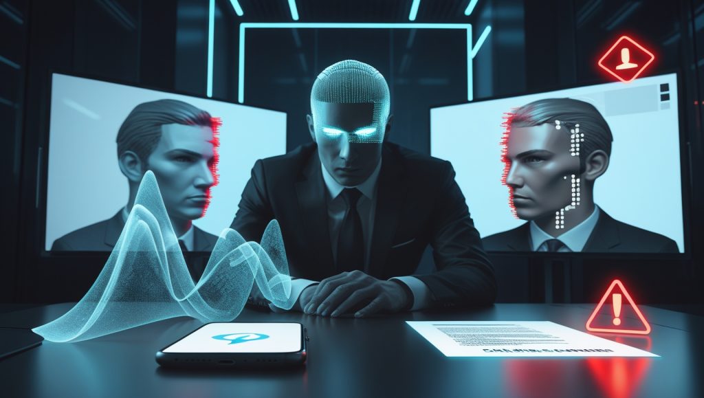 Shadowy figure uses voice cloning technology in a dimly lit office as a holographic audio waveform plays from a phone, symbolizing deepfake scams. AI-generated face split between real and synthetic on screen, with a glowing digital contract and warning icon highlighting ethical concern