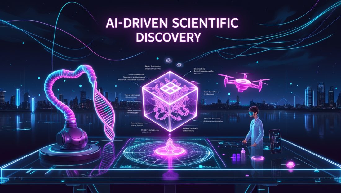 AI-Driven Scientific Discovery represented by a futuristic lab with a glowing AI core, robotic arms, holographic molecules, and a scientist using AR goggles—symbolizing innovation in modern research.