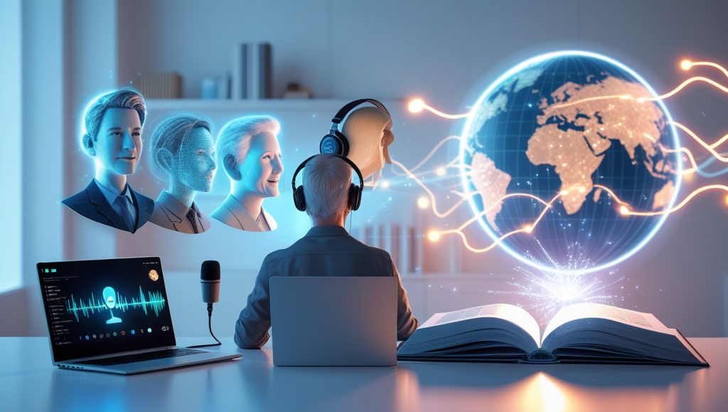 A futuristic workspace showing a freelancer using AI voice cloning tools for podcasting, branding, medical voice preservation, multilingual dubbing, and audiobook narration. Holographic avatars, speech waveforms, and global language icons illustrate ethical, diverse voice applications across industries