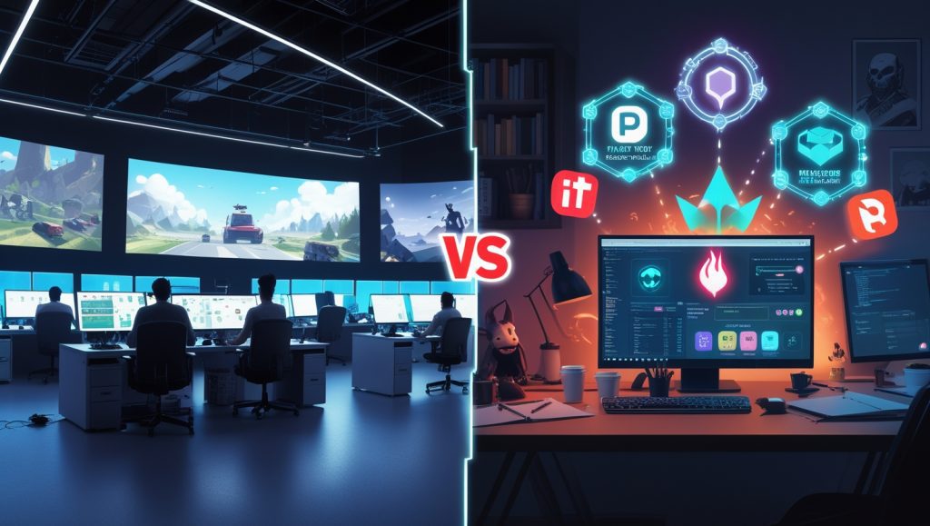 Indie vs AAA game development comparison showing small indie team using AI tools, PlaytestCloud bug detection, and viral TikTok marketing contrasted with a large AAA studio using big-budget resources and cinematic trailers