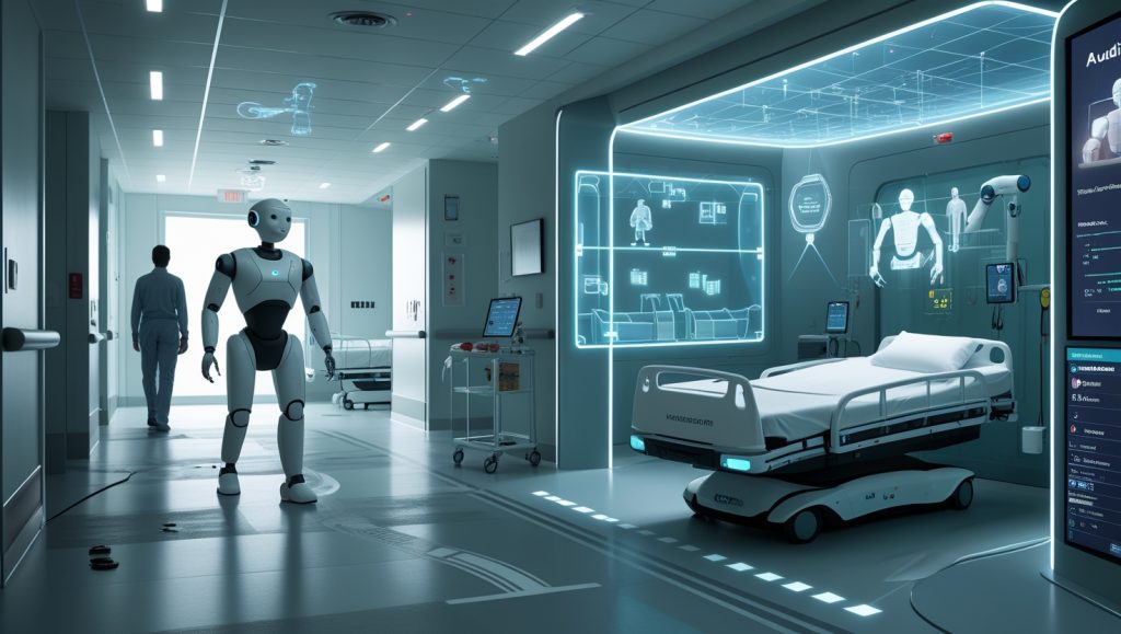 Humanoid robot navigating hospital hallway with simulated training overlays, showcasing AI-powered healthcare robotics and DreamDrive simulation for efficient hospital logistics