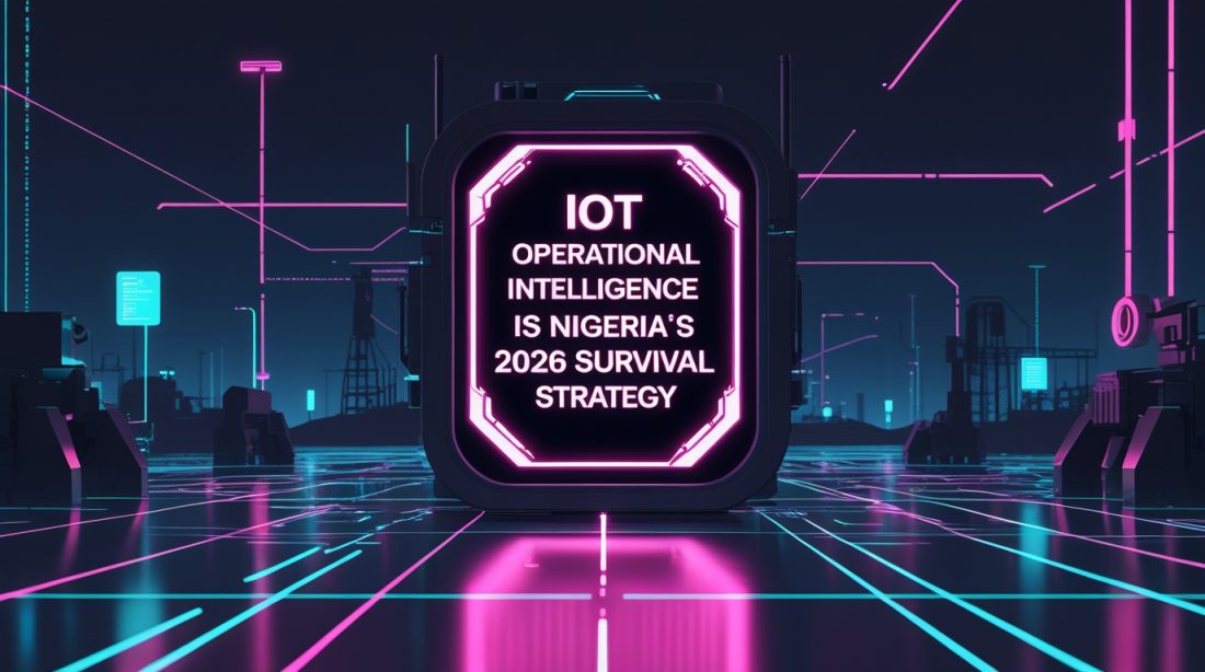 IoT Operational Intelligence in Nigeria visualized through a dark cyberpunk scene showing connected sensors, real-time data streams, and industrial infrastructure, highlighting IoT operational intelligence as Nigeria’s 2026 survival strategy.