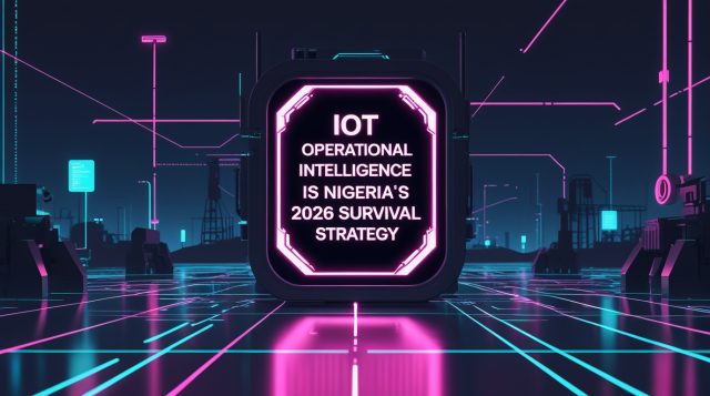 IoT Operational Intelligence in Nigeria visualized through a dark cyberpunk scene showing connected sensors, real-time data streams, and industrial infrastructure, highlighting IoT operational intelligence as Nigeria’s 2026 survival strategy.