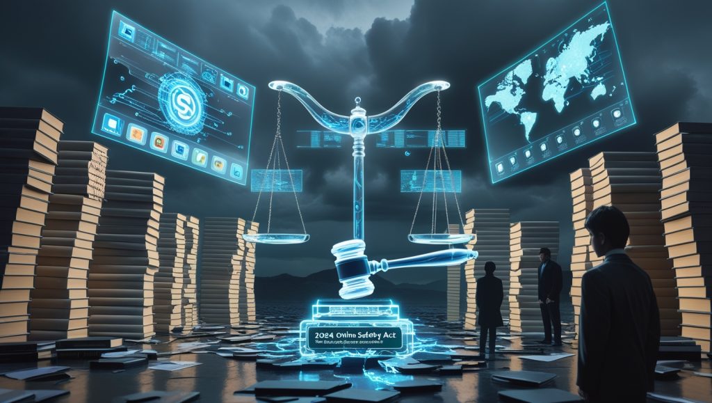 "Legal labyrinth representing gaps in the 2024 Online Safety Act with glowing law books, a digital gavel, and holographic app icons. The scene highlights issues like unregulated zones, legal loopholes, and the impact of AI technology on law enforcement. Floating scales of justice emphasize the imbalance in the legal system regarding digital safety and privacy.