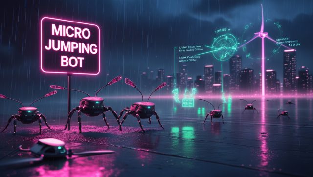 Micro jumping bots with carbon-fiber legs leap over broken drones in a neon-lit warehouse, showcasing a 64% energy savings breakthrough in 2025 robotics