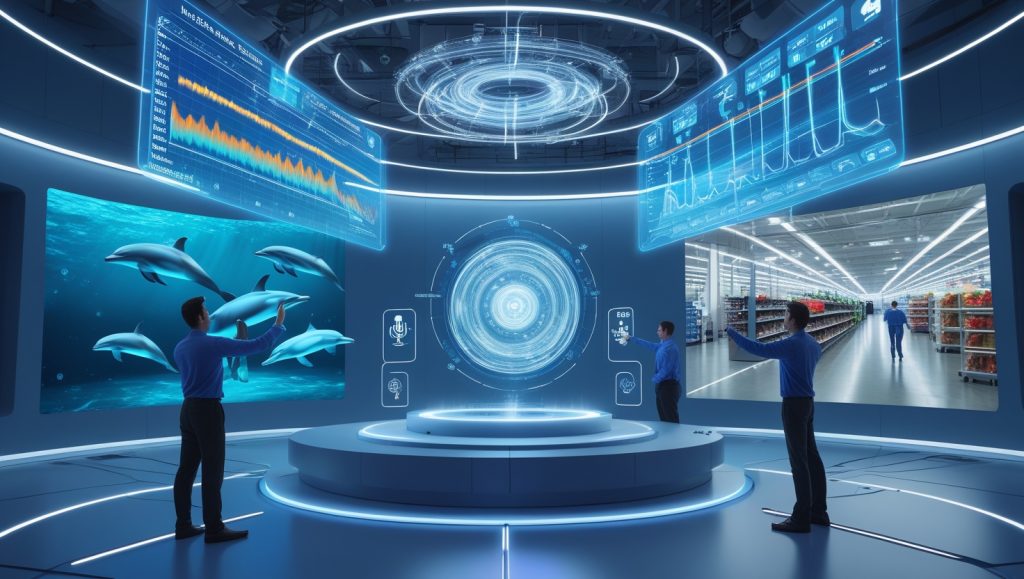 Futuristic AI system analyzing dolphin vocalizations, underwater visuals, and salinity data alongside factory robots using vision, sound, and touch, and retail sensors tracking shopper behavior—all merging into one seamless multimodal interface.