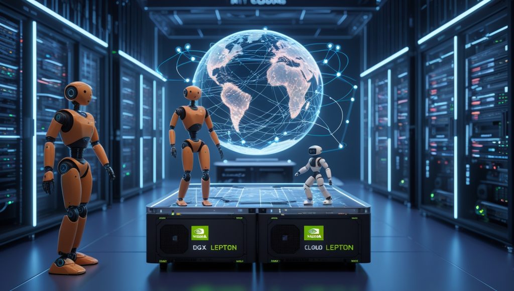 Cloud-connected humanoid robots in a high-tech Nvidia lab powered by DGX Cloud and RTX PRO 6000 GPUs, showcasing physical AI robotics, Omniverse simulations, and global GPU cloud network infrastructure