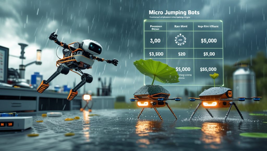 Futuristic micro jumping bot using graphene springs lifts a payload in a lab-to-field test setting, with rain-repelling phase-change material coating visible. Nearby, a drone hovers for comparison. Scene highlights payload innovation, weatherproofing, and cost challenges of robotic development.