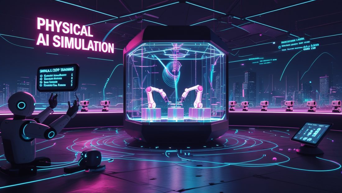 Cyberpunk-style Physical AI simulation chamber with robots training via 4D generative AI and 3D Gaussian splatting for efficient robot learning