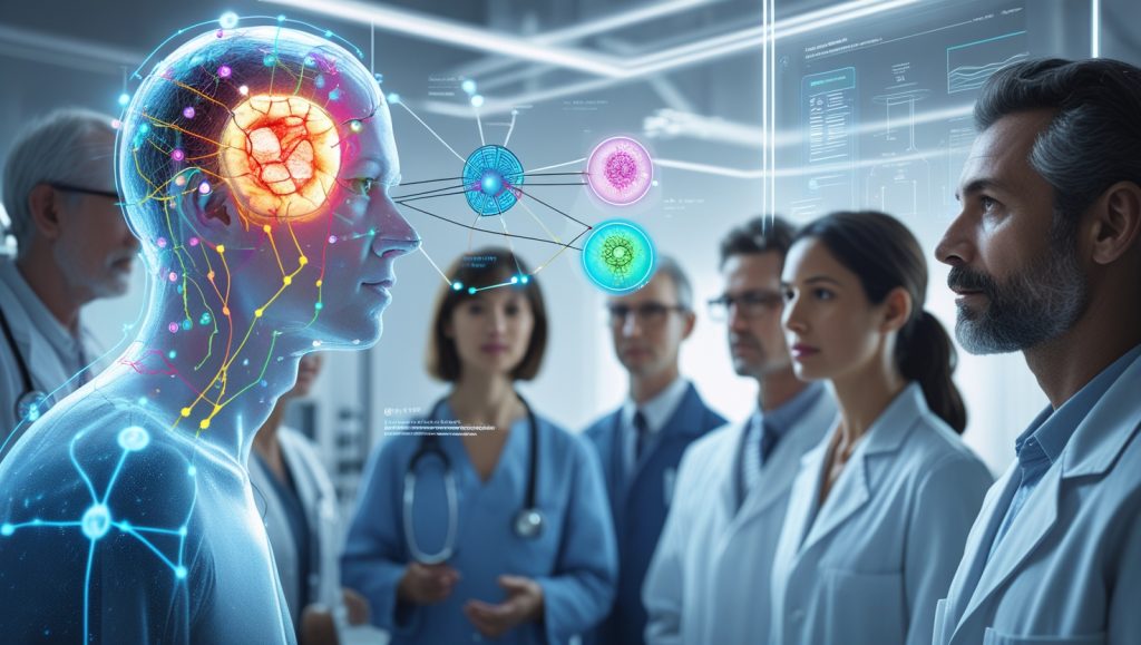 AI interface in a medical lab showing visual decision pathways for diagnosing skin lesions, with doctors and patients observing, symbolizing explainable AI and transparency in healthcare.