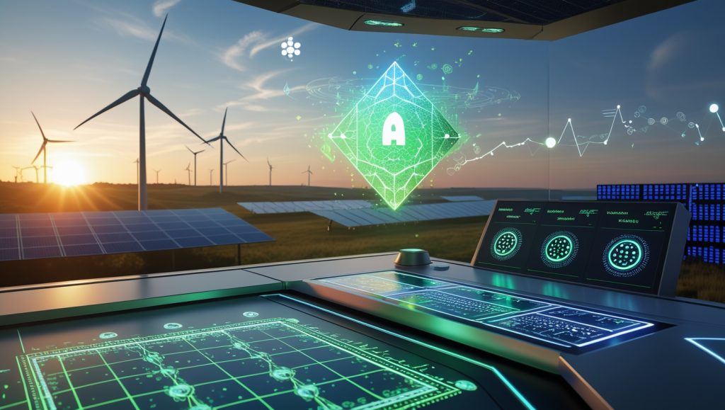 "Futuristic control room managing renewable energy with AI; solar panels, wind turbines, holographic energy grids, and energy-efficient AI chips optimizing power usage."