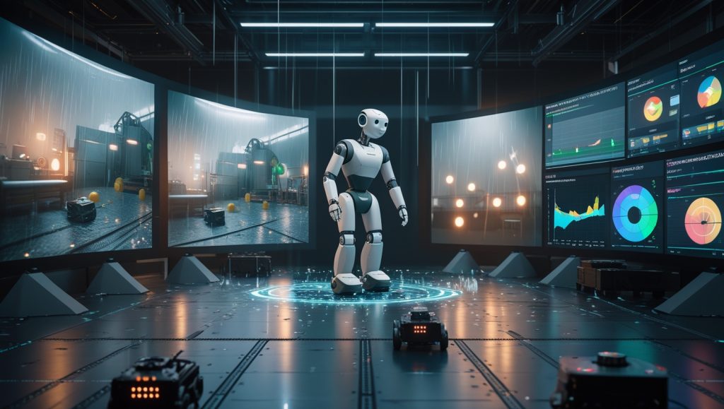 Humanoid robot training in a hyper-realistic simulation lab powered by NVIDIA DreamDrive, with holographic factory environments, weather variations, and sensor interference visualizations for advanced robotics development and testing.
