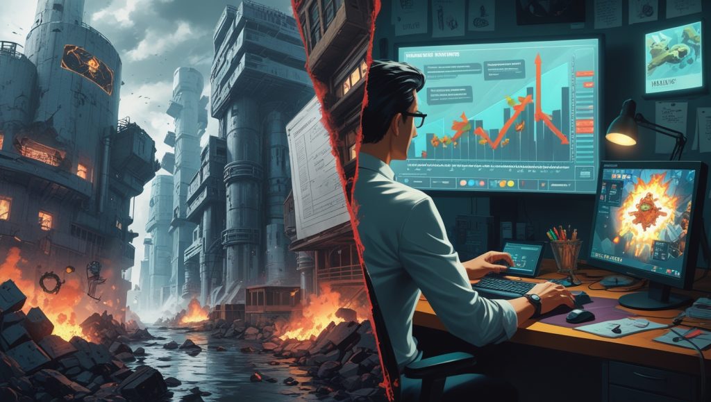 Split image showing the decline of AAA game studios with high budgets and recycled sequels, contrasted with the rise of indie game development driven by creativity and low-cost viral gameplay in 2025