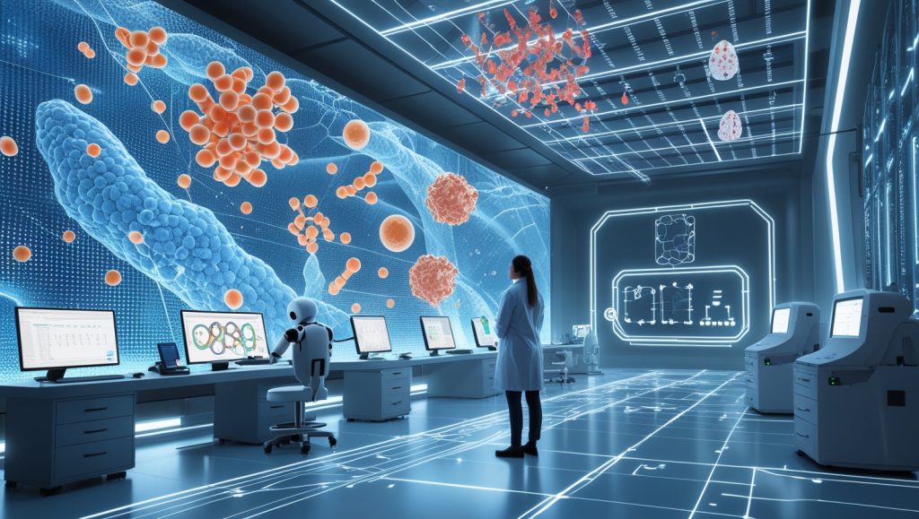 Futuristic research lab with AI-powered systems analyzing massive biological datasets; a scientist observes holographic molecular models and immune cell maps while robotic arms process digital files, symbolizing AI-driven scientific discovery and pattern recognition in modern research.