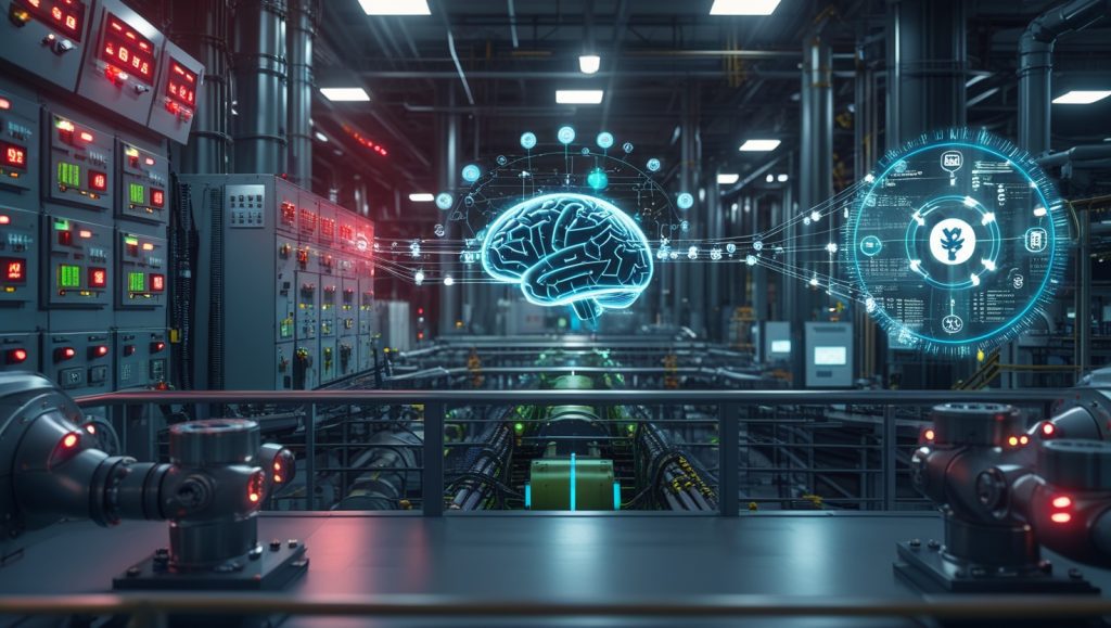 Industrial IoT sensors streaming real-time data in a futuristic factory, replacing legacy systems with AI-powered monitoring to detect micro-failures and reduce cloud latency delays