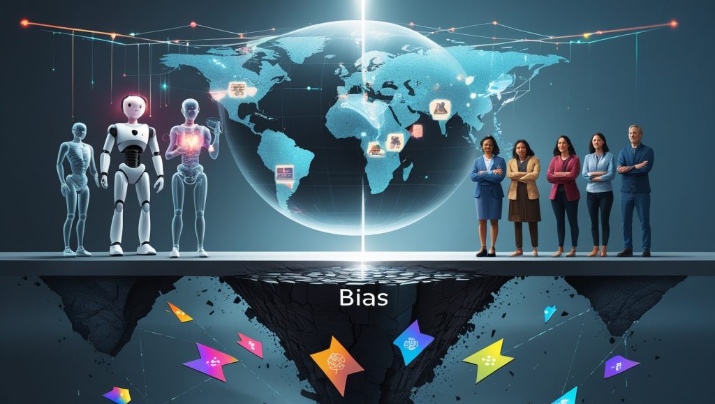 A symbolic image showing a robot holding medical data on one side of a balance beam and a diverse group of people on the other, representing the ethical balance between AI innovation and fairness. Beneath the beam is a chasm labeled “Bias,” with reflections of skewed data. Holographic lines connect continents, symbolizing global efforts for inclusive AI in healthcare.