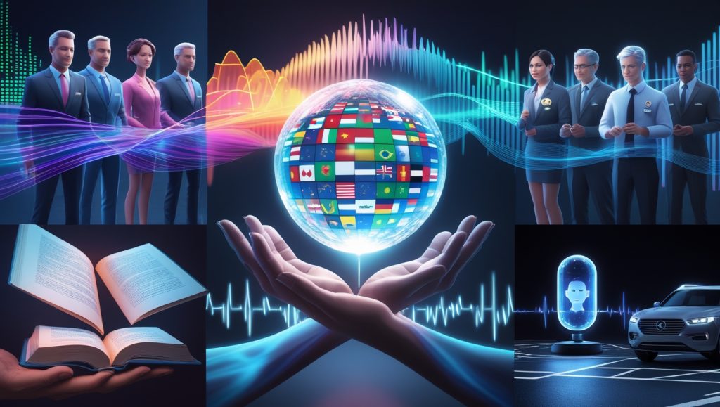 Futuristic representation of AI voice cloning technology, including multilingual corporate avatars, AI-narrated audiobooks, a preserved digital voice capsule, and a voice-enabled drive-thru assistant—all connected by glowing soundwaves and holographic data