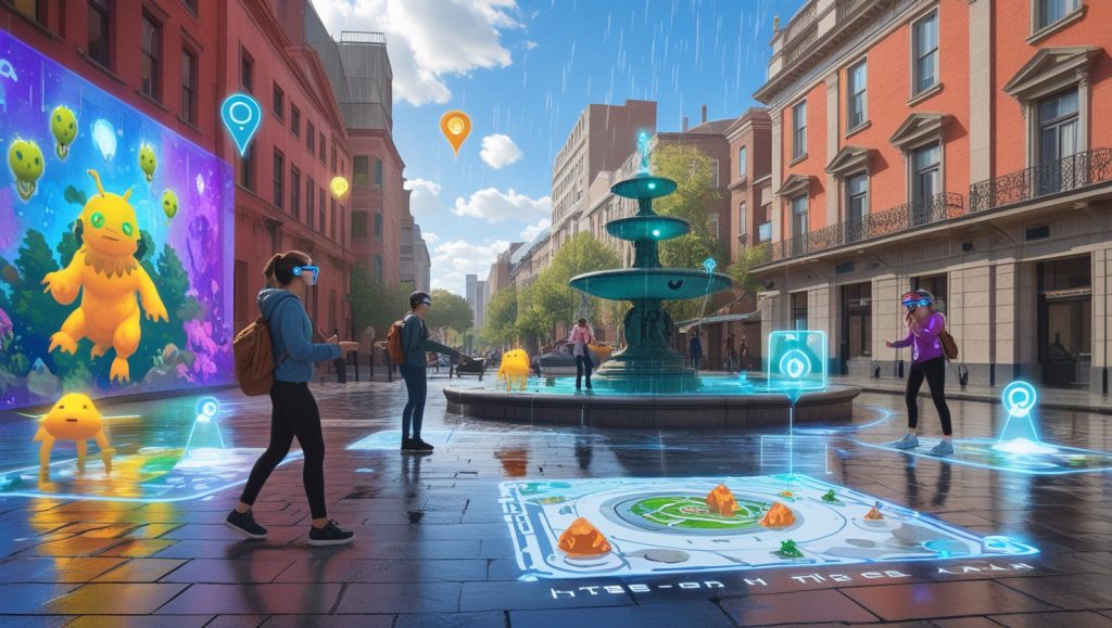 People using AR glasses in a city with interactive virtual quests, AI pop-up concerts, and historical mural overlays, showcasing the future of augmented reality gaming as a platform