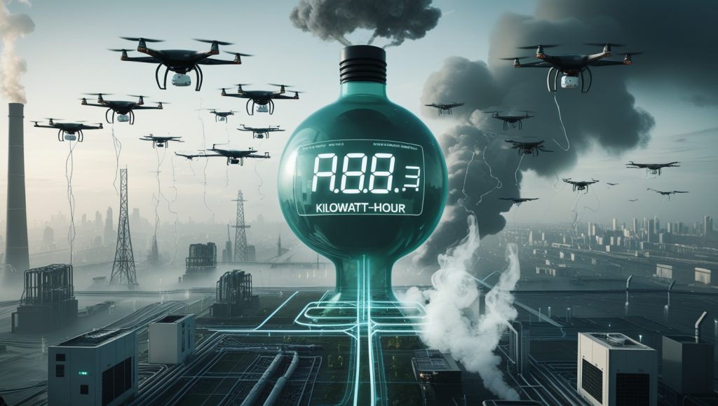 Futuristic city filled with drones in flight, a large energy meter shaped like a ticking bomb showing rising power consumption, with CO₂ vapor trails in the sky and smoke from a disaster zone below—symbolizing the hidden energy and environmental costs of drone dependency