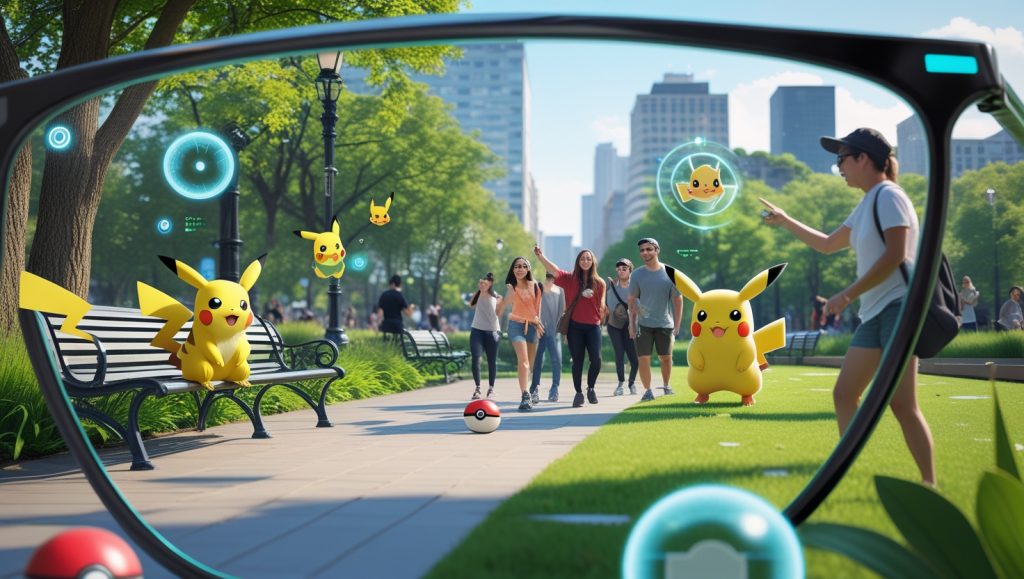 Augmented reality gaming scene through AR glasses showing Pokémon characters in a real-world park with interactive virtual elements, illustrating the future of hands-free immersive gameplay inspired by Pokémon GO.